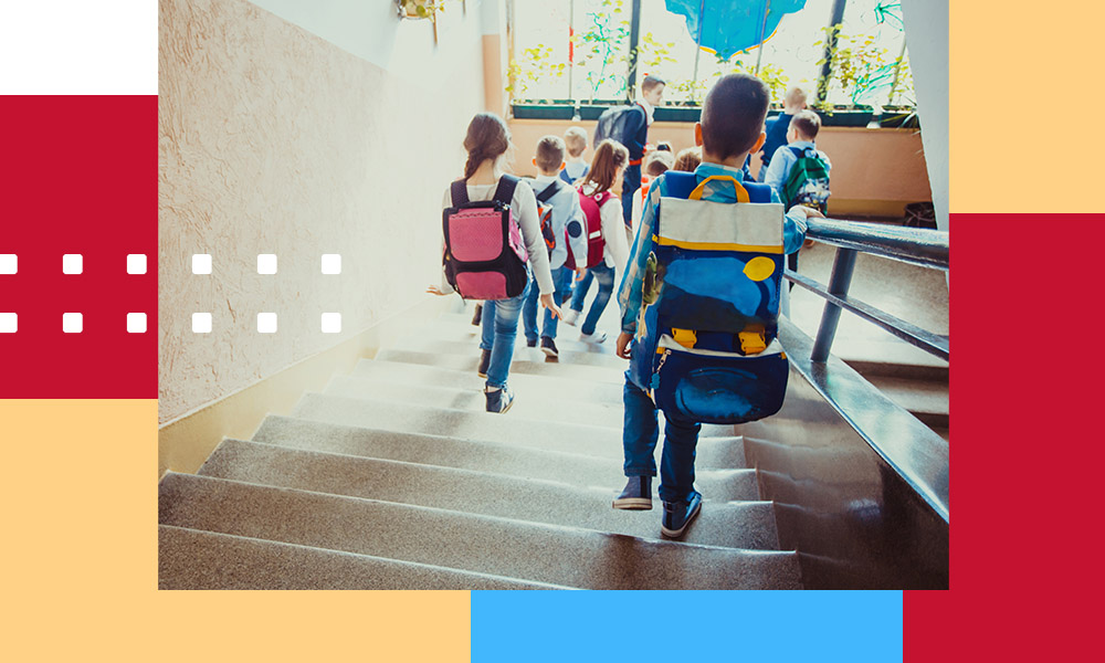 Schoolchildren safely descending stairs with Haven Lock security